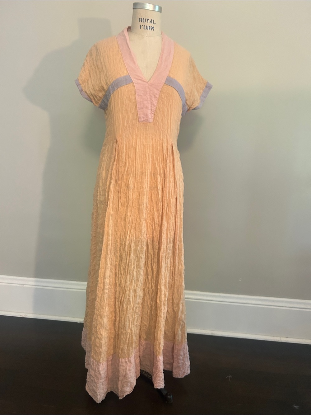 Peach Crinkle gauzy Maxi Dress with Pink/lavender Trim
